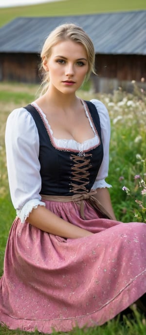 Generate hyper realistic image of a young woman sitting in a rustic, rural setting, a barn area. She is wearing a traditional dirndl dress. The dress is characterized by its tight-fitting bodice, a full skirt. The bodice is pink with a delicate floral pattern. It has lace-up detailing at the front, secured with silver eyelets. The neckline is low and square with white lace trim. The woman has a slim, toned physique. The dirndl dress highlights her hourglass figure, with the bodice cinching at the waist and the skirt flaring out slightly. Her hair is long, straight, and blonde, flowing over her shoulders.