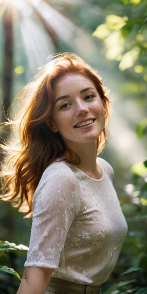 Generate hyper realistic image of a confident model with a freckled complexion and a captivating smile, her waist-up posed against a backdrop of a sunlit forest, the golden rays of light filtering through the foliage, accentuating her beauty.
