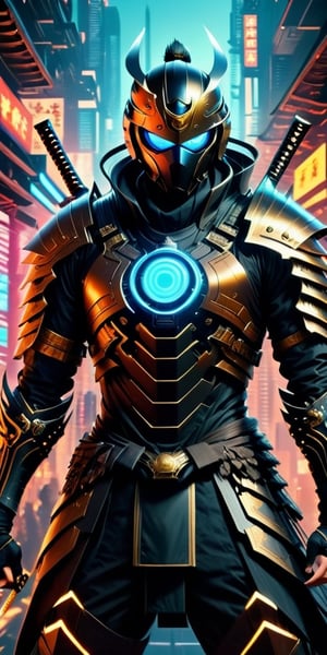 Generate hyper realistic image of a tech-savvy samurai with an energy katana, wearing a futuristic suit adorned with holographic symbols, and cybernetic enhancements augmenting their reflexes, set against a backdrop of a neon-lit cyberpunk city.photography style,Extremely Realistic, ,3dmdt1,rmspdvrs,DonMCyb3rN3cr0XL 