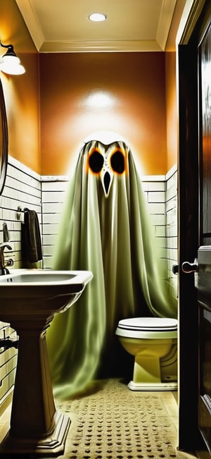  create a Ghost scaring an owl in washroom,spoooky and scary mood.halloween,monster,more detail XL,hallow33n