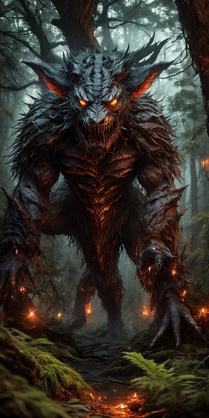  Create a hyper realistic image of forest monster creeping in the dark forest , waiting for his prey , vengeful and angry towards humanity...colourful , wide , specific,  darkness and blacknes in the background, dark , grim, .,photo r3al,More Detail,   