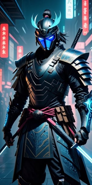 Generate hyper realistic image of a cyberpunk-inspired samurai donned in an adaptive nanofiber kimono, armed with an energy blade katana, with augmented reality visors enhancing their combat skills, embodying the fusion of ancient martial prowess and futuristic enhancements.photography style,Extremely Realistic, ,3dmdt1,rmspdvrs