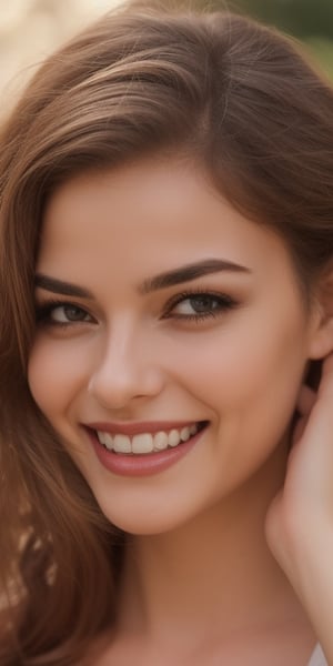 Generate hyper realistic image of a beautiful woman radiating a warm smile, her short brown hair casually styled with a few strands gracefully falling over one eye. The realistic details highlight the nuances of her lips and subtle makeup, capturing the charm of her grin. This prompt aims to convey the everyday beauty and genuine happiness in a simple yet realistic portrayal.