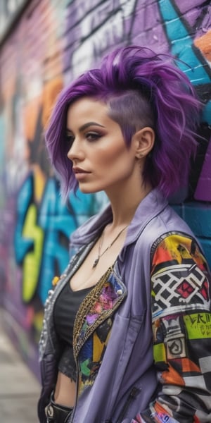 Generate hyper realistic image of a woman with vibrant purple hair, donning eclectic and eccentric fashion, posing against a graffiti-covered urban wall filled with vibrant street art, symbolizing a bold and unconventional style.photography style,Extremely Realistic,