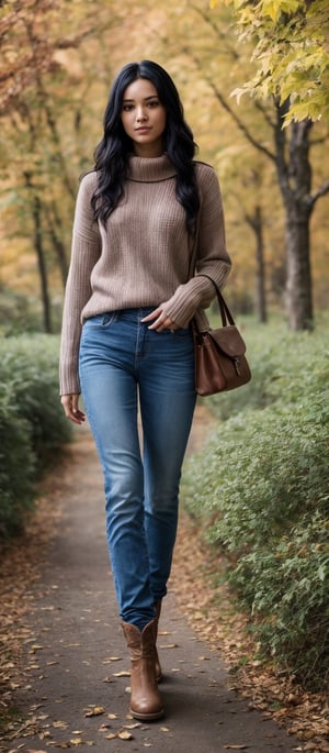 Generate hyper realistic image of a woman with long, black hair styled elegantly, wearing a sweater and denim jeans while standing amidst the beauty of autumn foliage. With long sleeves and brown boots, she exudes a sense of serenity as she walks through the outdoor scenery, surrounded by trees and leaves.