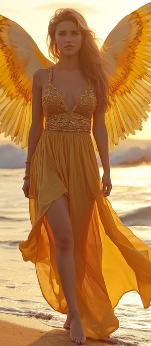 Generate hyper realistic image of a beautiful female angel standing straight, with ong, flowing, blonde hair that cascades down her back and shoulders. She has a fair complexion with delicate and well-defined features. Her expression is calm and serene. She is wearing a gold, shimmering top and matching gold skirt is high-waisted and also shimmers, with flowing fabric. Her large, golden wings are beautifully detailed with feathers. The background features a serene beach setting with waves gently crashing onto the shore. The lighting is warm and golden, enhancing the overall ethereal and heavenly atmosphere.