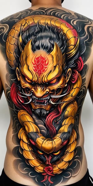 Generate hyper realistic image of a  a man with back to the viewer. He has full back tattoo on his wide back. Tattoo is a menacing traditional Japanese Hannya masks  with demon details, combined with the presence of a coiled serpent.The mask has a fierce and ominous expression, characterized by deep-set, hollow eyes, a prominent nose, and a wide-open mouth revealing sharp fangs. The mask's surface is detailed with flowing lines and shading that give it a three-dimensional, sculpted appearance. The presence of horns on the mask enhances its demonic and intimidating look.A snake is intertwined with the mask, wrapping around it in a sinuous, fluid motion. The snake's scales are meticulously detailed, creating a realistic texture. The serpent’s head emerges from the top of the mask, with its mouth open, displaying its fangs and forked tongue.,tattoo,FuturEvoLabTattoo,GlowingTat,tag score,oni style
