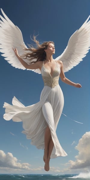 Generate hyper realistic image of an elegant goddess soaring through the skies, surrounded by gentle breezes and swirling winds, representing the free and untethered spirit of the air.