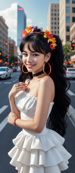 Generate hyper realistic image of a woman with long, black hair styled in voluminous waves. She has a colorful floral headband. Her hair is tied into two high ponytails. She is wearing a strapless white dress with a tiered skirt that gives a flowing and layered effect. The dress has black accents along the neckline and straps, adding a contrast to the bright white fabric. She is adorned with large, colorful hoop earrings and several rings on her fingers. Her expression is innocent, with wide eyes. Her gentle smile adds to her beauty. The background features a bustling city scene with cars and buildings.