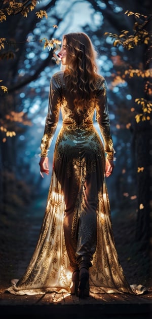 create a photo realistic women iin woods with transparent golden glowing dress. Women is surrounded by golden light,  Blonde long hair, age 28, european, astonishing face, beautiful green eyes, cute nose, she is full back and face to the viewer, long curly hair , hourglass body,golden light  lighting her from front, background of forest in autum evening.photo taken from crouched position.