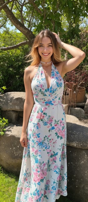 Generate hyper realistic image of a young woman standing  with bright smile. She is wearing a vibrant, colorful sundress that has a summery vibe. The dress is halter-neck style, with thin straps that tie behind her neck. The bodice is fitted and features a multicolored floral and geometric pattern. Her hair is long, golden blonde, and styled in loose, voluminous waves that cascade over her shoulders. The background is an outdoor setting with lush greenery and blooming flowers.