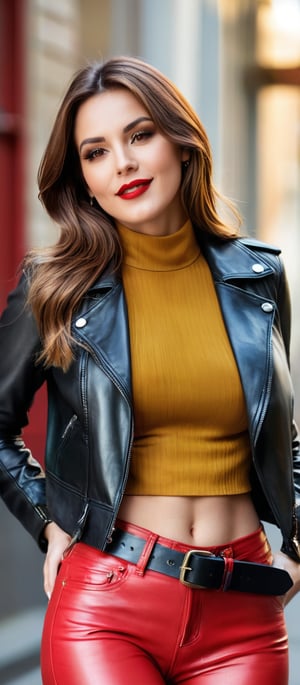 Generate hyper realistic image of a woman with long, brown hair and brown eyes, gazing directly at the viewer. She is dressed in a cropped biker jacket with a zipper, showcasing her midriff and slim waist. Her medium breasts are subtly highlighted by the crop top she is wearing. A red belt cinches her leather pants, adding a pop of color. With red lips and a bright smile, she exudes charm and radiates a magical aura.