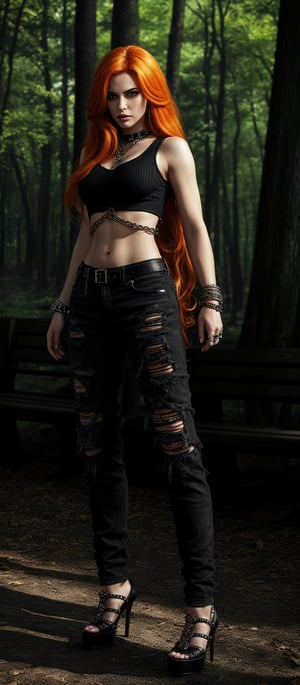 Generate hyper realistic image of a woman with long, vibrant orange hair that cascades down her back in waves. The striking color contrasts with her outfit, making her hair a focal point. Her eyes are accentuated with dark, dramatic makeup. She is dressed in a gothic-punk style. She wears a sleeveless black top adorned with chains and metal details. Paired with this, she has on black ripped skinny jeans. She is wearing high-heeled shoes with a unique design, featuring studs and straps. Her expression is contemplative and slightly fierce. The background is a wooded area with tall trees and wooden benches..