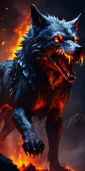 Create a lava wolf growling, from its mouth dripping lava , fire from eyes, enemy of humanity, screeching, up close, dark night, sharp focus, highly detailed,
