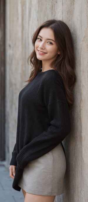 Generate hyper realistic image of a woman with long, red hair, standing against a rustic wall. She wears a black sweater dress, lifting it slightly to reveal a blush on her tanned skin. With a subtle smile, she gazes directly at the viewer, her long hair cascading down. The scene exudes simplicity and authenticity, capturing the raw beauty of the moment.