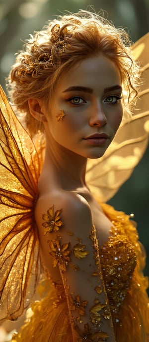 Generate hyper realistic image of a ethereal female fairy from a magical realm. The fairy has a petite, slender, and graceful body with smooth, glowing skin that appears to shimmer with golden glitter. The facial features are soft and innocent, with wide, expressive eyes that shimmer with curiosity and gentleness. Her face is adorned with golden glitter and delicate markings that highlight her cheeks. The most striking part of the fairy's appearance is her large, gossamer wings. These wings are transparent but adorned with gold and bronze tones, with intricate veins and delicate patterns. The fairy’s hair is a wild and wispy mix of gold and bronze, mimicking autumn leaves. Her hair is adorned with fine, leaf-like embellishments. She wears an elaborate crown made of delicate branches and roots, with small, glowing orbs woven into the design. She doesn’t wear conventional clothing; instead, her body is decorated with gold-like threads and shimmering dust that covers her skin in strategic places.