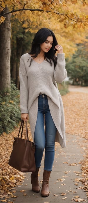 Generate hyper realistic image of a woman standing outdoors, her long black hair cascading over her shoulders. She wears a sweater, long sleeves covering her arms, paired with denim pants and brown boots. Her handbag hangs casually from her shoulder as she walks among autumn leaves, the trees adorned with colorful foliage. With crossed legs and a relaxed stance, she exudes a natural grace and elegance in this picturesque autumn setting.