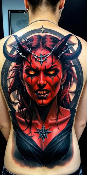 Generate hyper realistic tattoo on a man's back with a demonic woman with distinct features. She has two large, curved horns protruding from her head, which are textured and detailed. Her expression is one of defiance and aggression. She has red glowing eyes closed, her mouth open, and her tongue sticking out, revealing sharp, fang-like teeth. There is a symbol of pentagram on her forehead, adding to the demonic appearance. Surrounding her head is a circular, barbed wire-like crown of thorns. This crown adds a gothic undertone. 