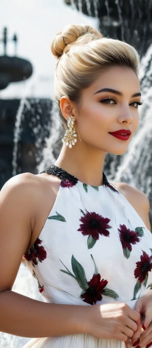 Generate hyper realistic image of a woman stands confidently in front of a large fountain. She is gazing at the viewer, smiling softly. Her outfit consists of a white sleeveless dress, patterned with black and yellow flowers. Her hair is styled into a sleek bob, and her lips are painted red, matching her deep red eyeshadow. She is standing in a seductive pose, her hair elegantly pulled back into a ponytail. She wears dangling earrings that add a touch of elegance. A few people are visible in the background.,hinaigirl