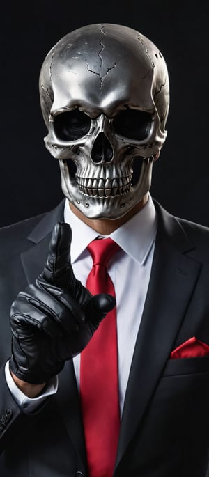 Generate hyper realistic image of a medium-angle shot of a Skull , dressed in a sleek black suit with a bold red tie a. The face has black eyes and a silver headband, and it's wearing black gloves. Its right arm is raised while its left arm is bent, gripping a black gun. The stark black background contrasts sharply with the outfit.,skll