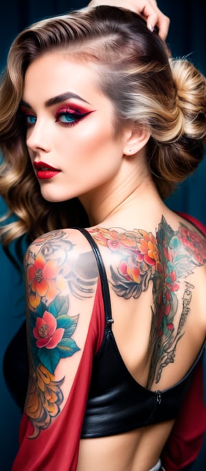 Generate hyper realistic image of a woman posing in an eye-catching outfit with a prominent tattoo. The woman has long, light brown hair styled in loose waves, cascading down her back and over her shoulders. Her makeup is striking, with a focus on her eyes, which enhanced with bold eyeliner. Her lips are painted red. She is looking over her shoulder directly at the camera. The woman has an elaborate tattoo covering her right arm and extending onto her back. The tattoo features includes floral and mythical elements, with vibrant colors such as teal and shades of red and brown. She is wearing a black, shiny, leather-like top that is cropped, exposing her midriff. The top has long sleeves. 