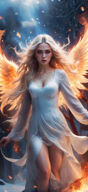  create a beautiful female angel falling down from the sky. sad expression,fire wings, wings wide open, snow white long hair, messy hair, wings made out of fire , hopeful expression,blue eyes, red lips, realistic, photo r3al,more detail XL,IMGFIX,AngelicStyle,fire element