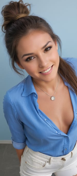 Generate hyper realistic image of a woman with long brown hair that cascades over her shoulders, gazing directly at the viewer with a friendly smile. The image is taken from a high-angle perspective, highlighting a medium-sized woman standing against a light blue scenery. She is wearing a blue button-down shirt, white ripped jeans, and a white necklace. Her hair is pulled back into a ponytail, giving a casual yet elegant look. The woman's expression is cheerful, her posture relaxed, as she faces the camera.