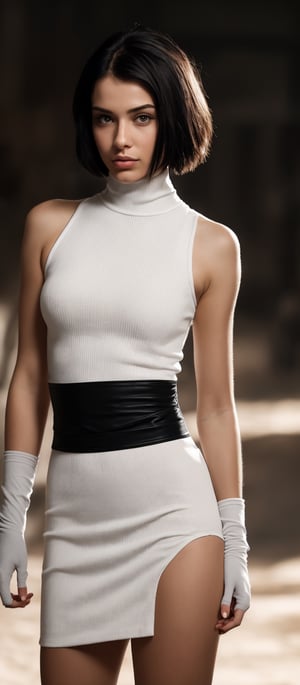 Generate hyper realistic image of a woman with short black hair and bare shoulders, standing confidently in a sleek skirt and sleeveless turtleneck, her parted lips hinting at a hidden allure, as she gazes directly at the viewer with an enigmatic allure, her black elbow gloves adding a touch of elegance to the cowboy shot composition against a subtly blurry background.