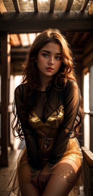 create a photo realistic women with see through dress. Women is lit by golden light, long hair, age 20, russian, astonishing face, beautiful blue eyes, cute nose, she is full back and face to the viewer, long curly hair , hourglass body, evening.photo taken from crouched position.,xyzabcplanets