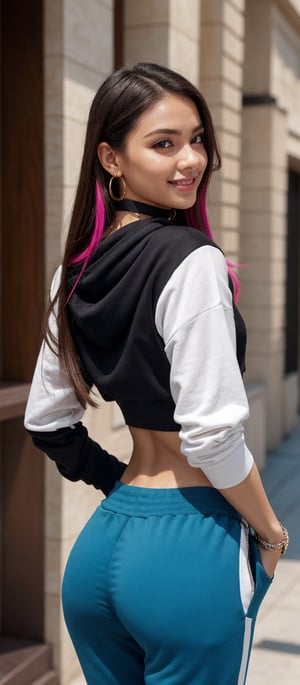 Generate hyper realistic image of a woman with extremely long, multicolored hair flowing down her back, blue eyes, and a radiant smile. She is dressed in a cropped hoodie with a hood up, revealing her midriff and complemented by fishnets and pants. Long sleeves cover part of her hands, and she wears a necklace, hoop earrings, and a choker. Her clear skin and slight head tilt give her a captivating presence. A small mole above her lips adds a touch of uniqueness to her look.