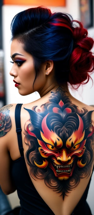 Generate hyper realistic image of a woman with an intricate and vibrant full-back tattoo. The woman is shown from behind, seated and leaning slightly to one side, allowing a clear view of her entire back. Her hair is straight and dark, falling around her shoulders. The tattoo covers her entire back. The central feature of the tattoo is a large Hannya mask. The mask has a fierce, angry expression with sharp teeth, depicted in vivid red and contrasting dark shades. The tattoo features rich, deep colors with intricate shading. he woman's hair is straight and dark, and it frames the tattoo. 