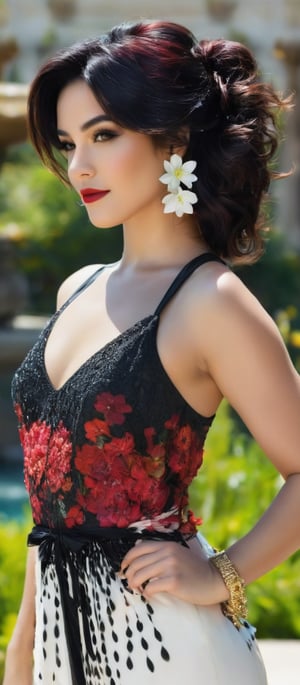 Generate hyper realistic image of a woman stands confidently in front of a large fountain. She is gazing at the viewer, smiling softly. Her outfit consists of a white sleeveless dress, patterned with black and yellow flowers. Her hair is styled into a sleek bob, and her lips are painted red, matching her deep red eyeshadow. She is standing in a seductive pose, her hair elegantly pulled back into a ponytail. She wears dangling earrings that add a touch of elegance. A few people are visible in the background.,hinaigirl