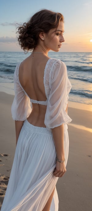Generate hyper realistic image of a  woman with long, wavy red hair cascading down her back, adorned with a delicate hair ornament. She stands gracefully on the shore, her full body dressed in a flowing white skirt and a crop top with see-through sleeves, her gaze fixed on the viewer with confidence. The sunset paints the sky with hues of orange and pink as the gentle waves of the ocean lap against the sand. A flower tucked behind her ear adds a touch of natural beauty, while her curly hair dances in the salty breeze.