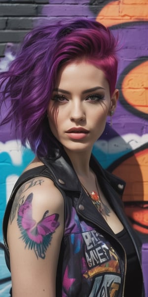 Generate hyper realistic image of a woman with vibrant purple hair, donning eclectic and eccentric fashion, posing against a graffiti-covered urban wall filled with vibrant street art, symbolizing a bold and unconventional style.photography style,Extremely Realistic,