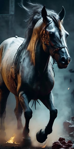 Create a Horse from hell running towards viewer, agressive, zombified,screeching, craving for human meat. up close, cloudy night, sharp focus, highly detailed,