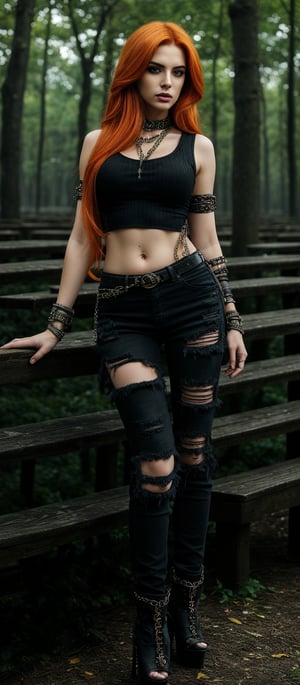 Generate hyper realistic image of a woman with long, vibrant orange hair that cascades down her back in waves. The striking color contrasts with her outfit, making her hair a focal point. Her eyes are accentuated with dark, dramatic makeup. She is dressed in a gothic-punk style. She wears a sleeveless black top adorned with chains and metal details. Paired with this, she has on black ripped skinny jeans. She is wearing high-heeled shoes with a unique design, featuring studs and straps. Her expression is contemplative and slightly fierce. The background is a wooded area with tall trees and wooden benches..