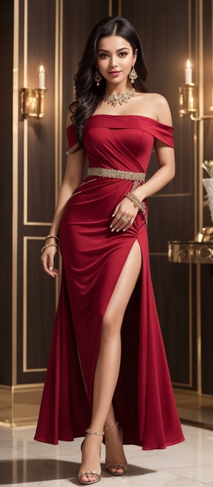 Generate hyper realistic image of a woman with long, flowing black hair looks directly at the viewer with expressive green eyes. She stands in a teasing pose, her hourglass body accentuated by a vibrant red dress adorned with jewelry. Her outfit includes earrings and an off-shoulder design, paired with elegant high heels. In one hand, she holds a delicate hand fan, adding to her allure. The long dress features a slit on the side, revealing a glimpse of her leg as she smiles warmly, exuding an approachable charm.