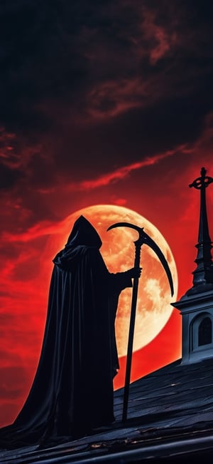  create a Grim reaper standing on top of church roof and looking down on the viewer.he is facing the viewer. he is holding a scythe,He is illuminated from back by red moonlight.Terrifying, death, image taken from below of grim reaper.,fantasy00d,night_view_background,horror,perfect light,schorror