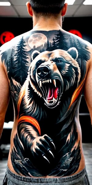 Generate hyper realistic tattoo on a man's back with a fierce grizzly bear, captured in a highly detailed, black-and-white, photorealistic style. The bear's mouth is open in a roar, showing its sharp teeth and the inside of its mouth, which adds to the aggressive and powerful impression. The eyes are intense and focused, conveying a sense of ferocity. The front paw of the bear is raised and extended forward, with long, sharp claws clearly visible. This positioning suggests an attack stance, adding to the action and intensity of the image. The fur of the bear is intricately detailed, with individual strands and varying shades of gray to create depth and realism. The texture of the fur contrasts with the smooth, dark areas of the mouth and nose. The background is abstract and blurry, composed of various shades of gray and white that suggest motion or a natural environment, like a forest.,FuturEvoLabTattoo,Andrew