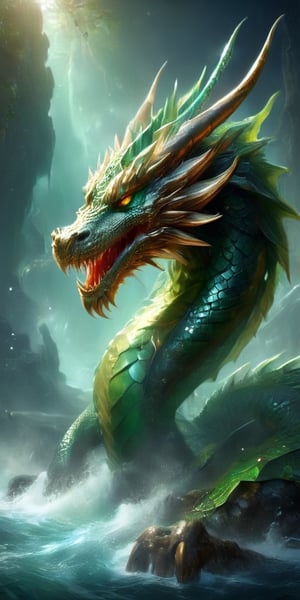 Generate hyper realistic image of a monstrous dragon with serpent-like features, its body covered in emerald scales, three pairs of ominous eyes, and a crown of venomous snakes instead of horns, embodying the terror of the ancient seas.