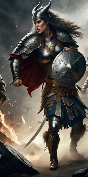  Create a hyper realistic female war maiden fighting with  enemies.Fierce, strong , fast  grey hairs, war paintings , viking armor with fur, shield and axe .high detailed ,sharp focus, dramatic lighting, dark colours, battlefield of norse.,photo r3al,detailmaster2