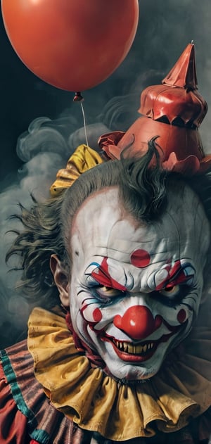 clown, painted face, sinister environment, smoke, night, terror,halloween background. clown outfit, balloon in hand.,oni style