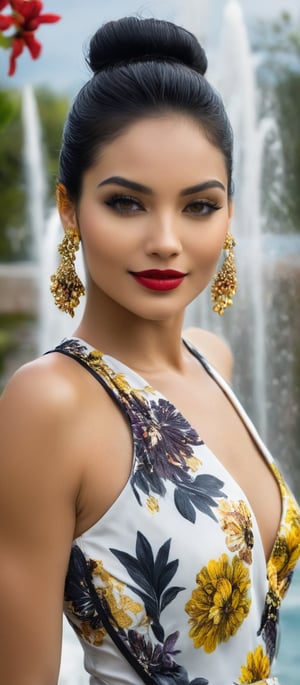 Generate hyper realistic image of a woman stands confidently in front of a large fountain. She is gazing at the viewer, smiling softly. Her outfit consists of a white sleeveless dress, patterned with black and yellow flowers. Her hair is styled into a sleek bob, and her lips are painted red, matching her deep red eyeshadow. She is standing in a seductive pose, her hair elegantly pulled back into a ponytail. She wears dangling earrings that add a touch of elegance. A few people are visible in the background.,hinaigirl