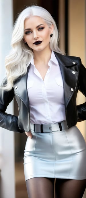 Generate hyper realistic image of a woman with long white hair, wearing a white collared shirt with an open black jacket. The outfit reveals a bit of cleavage and includes a black high-waist skirt, accompanied by black pantyhose. She stands, looking directly at the viewer, her long sleeves elegantly covering her arms at her sides. Her large breasts are noticeable, and she is adorned with jewelry and earrings. Her makeup includes black lipstick, and she has a subtle floral print accessory. Her grey eyes are striking, and she wears a warm smile.