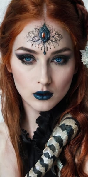 Generate hyper realistic image of a girl with long, flowing red hair, like strands of fire, holds a snake in her hands. Her piercing blue eyes, filled with a mix of curiosity and fearlessness, meet the gaze of the snake as she leans in to kiss its head. Her bare shoulders add a touch of vulnerability to her dramatic presence. Her pale, porcelain skin serves as a striking canvas for her gothic-inspired aesthetic. Her eyelashes, bold and expressive, frame her intense gaze, while her gothic makeup, featuring dark and smoky eyeshadow, adds depth to her look. Her lips, painted a vibrant shade of red, exude a powerful allure. With black lips that echo her dark aura, she emanates a sense of mystery and enchantment, embracing the dramatic vibes that surround her