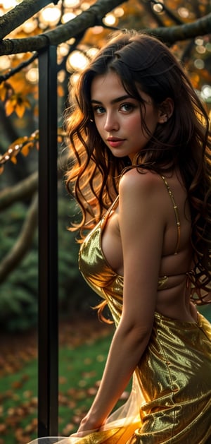 create a photo realistic women with see through dress. Women is lit by golden light, long hair, age 28, european, astonishing face, beautiful green eyes, cute nose, she is full back and face to the viewer, long curly hair , hourglass body,golden light  lighting her from front, background of forest in autum evening.photo taken from crouched position.