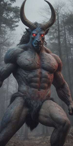 create a hyper realistic image of colossal centaur destroying village. huge strong body covered with fur, scaled body , red eyes,  thick skin, red and blue aura , death, scary, background of forest, high_resolution, highly detailed, sharp focus.8k,More Detail,silent hill style,monster