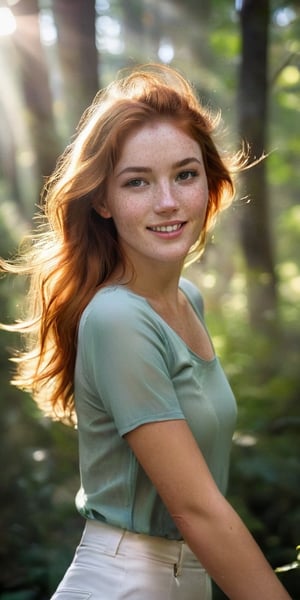 Generate hyper realistic image of a confident model with a freckled complexion and a captivating smile, her waist-up posed against a backdrop of a sunlit forest, the golden rays of light filtering through the foliage, accentuating her beauty.