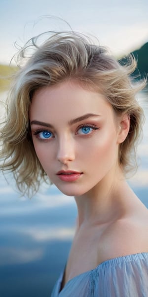 Generate hyper realistic image of a captivating model with a unique face shape and captivating blue eyes, her waist-up framed against a backdrop of a serene lakeside, the tranquil water reflecting the serenity and depth within her.