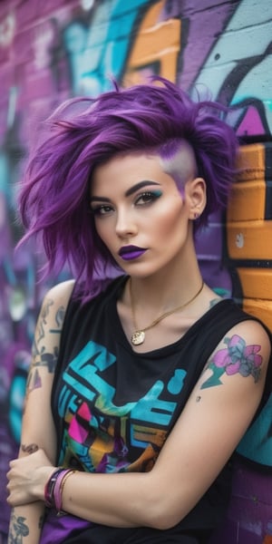 Generate hyper realistic image of a woman with vibrant purple hair, donning eclectic and eccentric fashion, posing against a graffiti-covered urban wall filled with vibrant street art, symbolizing a bold and unconventional style.photography style,Extremely Realistic,